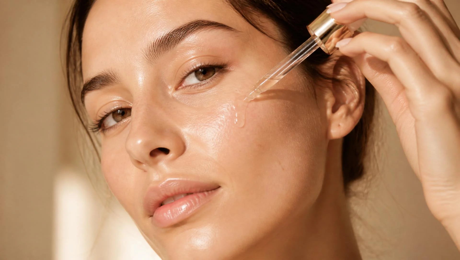 Close up of radiant sensitive skin as facial serum is applied