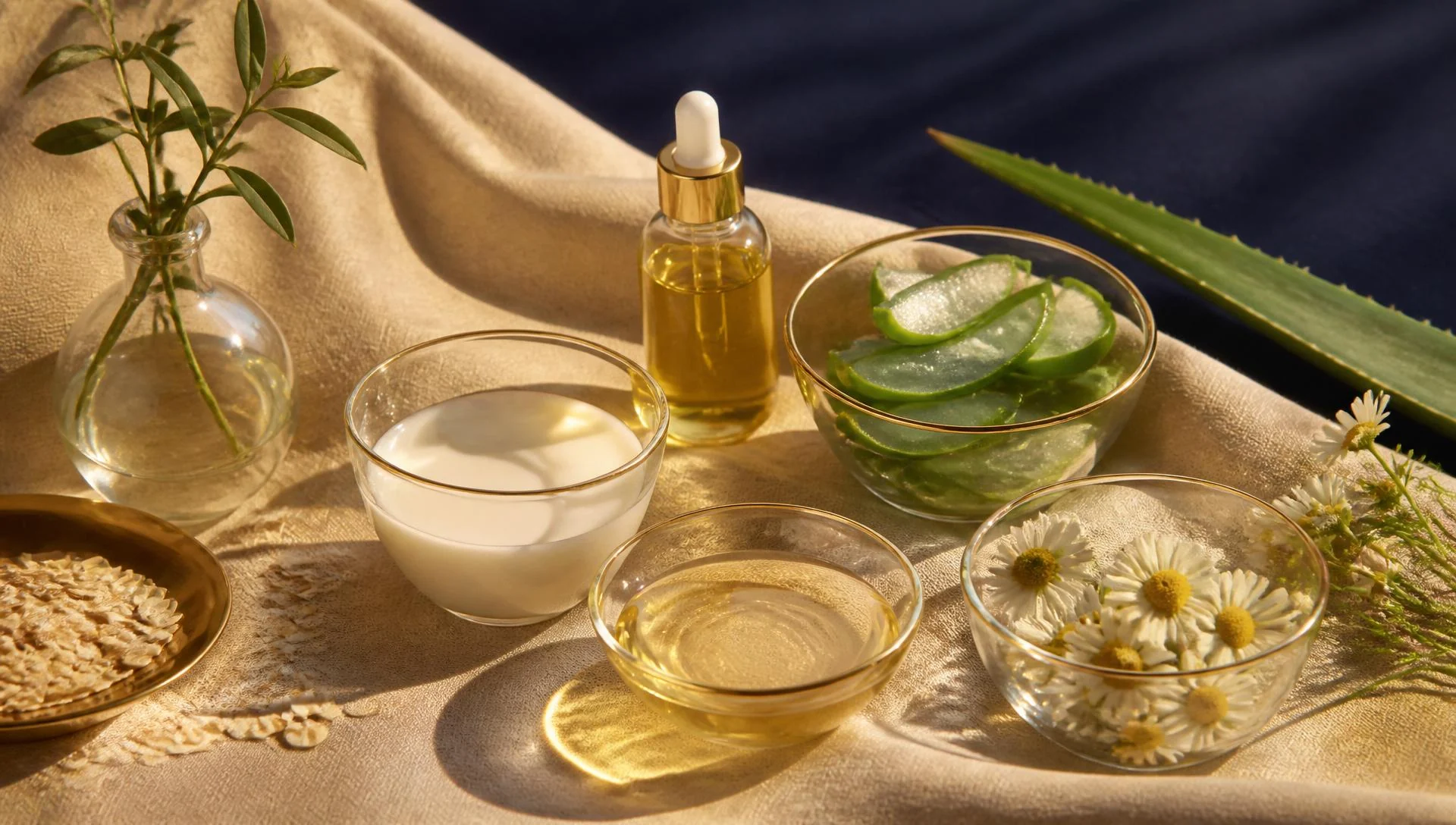 Botanical ingredients including aloe, oat, and chamomile in glass bowls